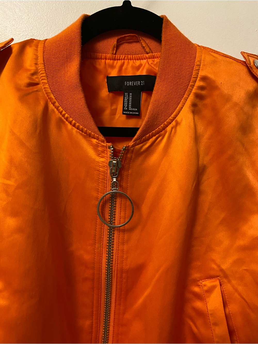 Forever 21 Orange Satin Zip Bomber with Ring Pull